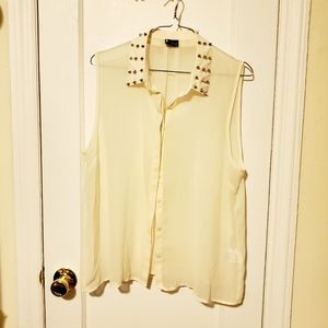 Sheer Studded Collar Sleeveless Button Top
